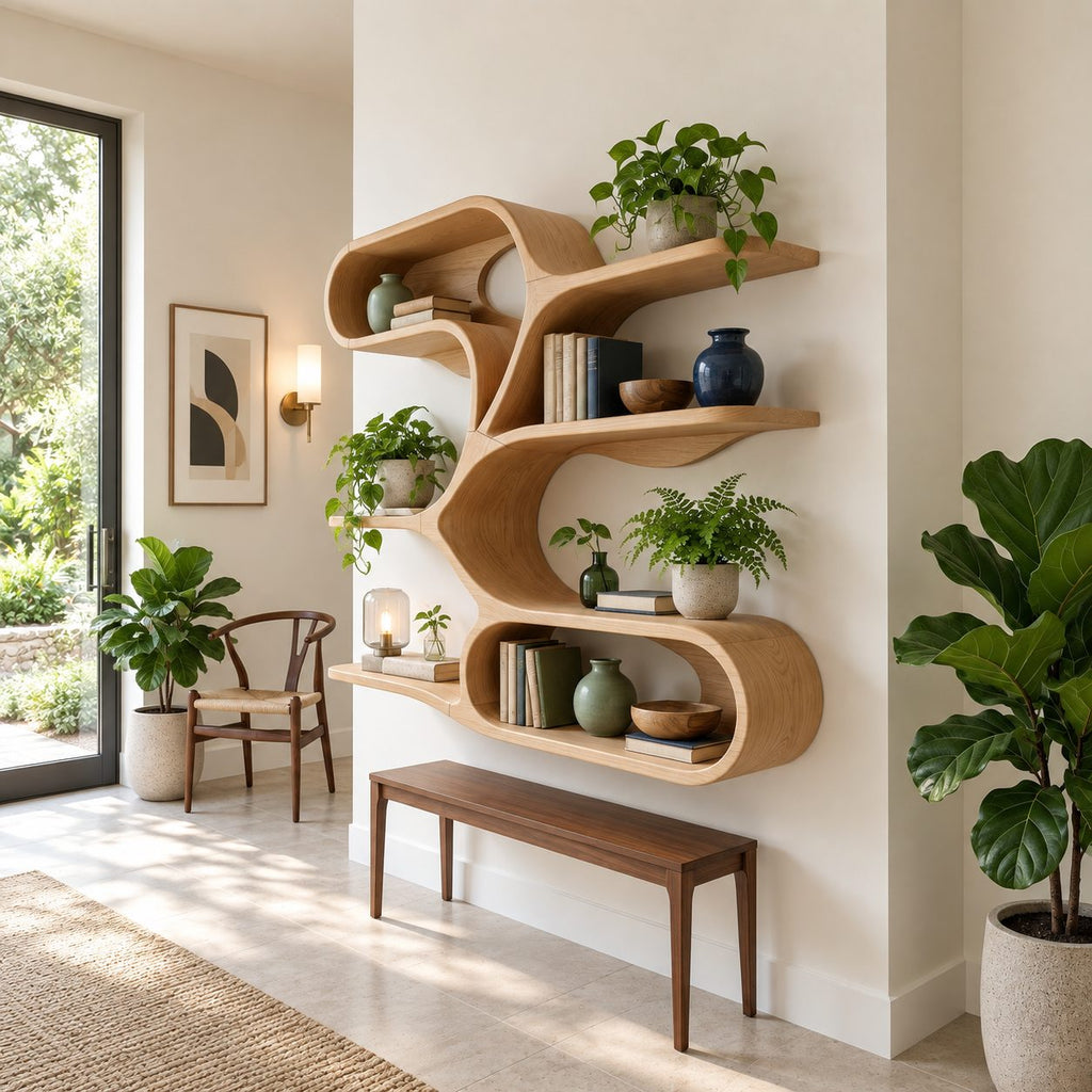 Branching Spine Wall Shelf, Sculptural Solid Wood Floating Shelves with Curving Arms and Oval Loop Base