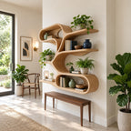 Branching Spine Wall Shelf, Sculptural Solid Wood Floating Shelves with Curving Arms and Oval Loop Base