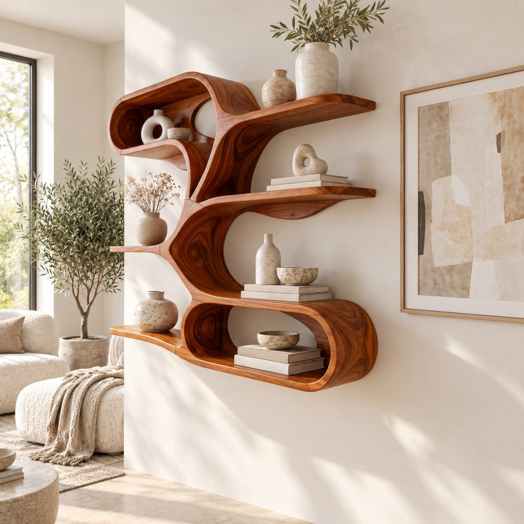 Branching Spine Wall Shelf, Sculptural Solid Wood Floating Shelves with Curving Arms and Oval Loop Base
