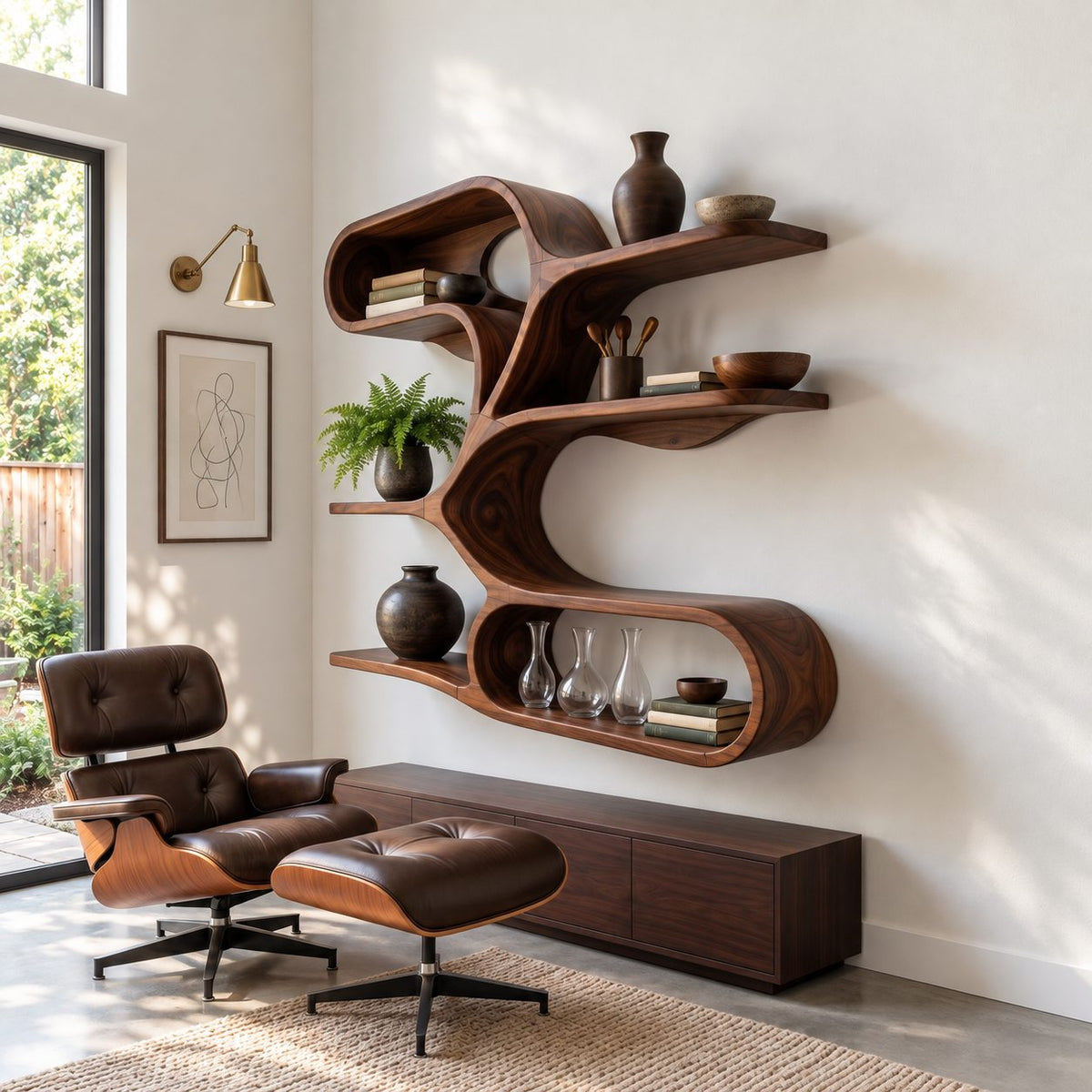 Branching Spine Wall Shelf, Sculptural Solid Wood Floating Shelves with Curving Arms and Oval Loop Base