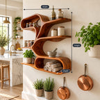 Branching Spine Wall Shelf, Sculptural Solid Wood Floating Shelves with Curving Arms and Oval Loop Base
