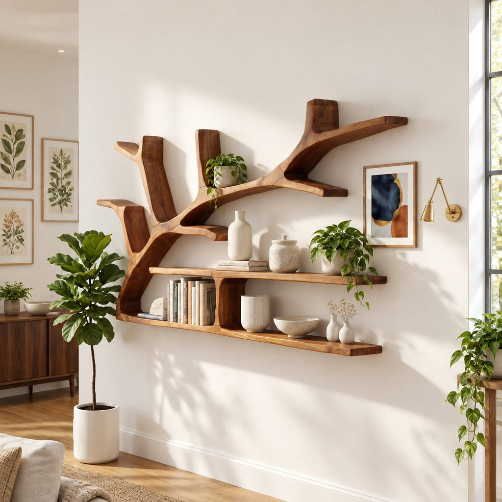 Spreading Tree Branch Floating Shelves, Rustic Solid Wood Wall Bookshelf with Two Long Slab Shelves
