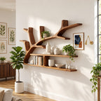 Spreading Tree Branch Floating Shelves, Rustic Solid Wood Wall Bookshelf with Two Long Slab Shelves
