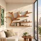 Spreading Tree Branch Floating Shelves, Rustic Solid Wood Wall Bookshelf with Two Long Slab Shelves