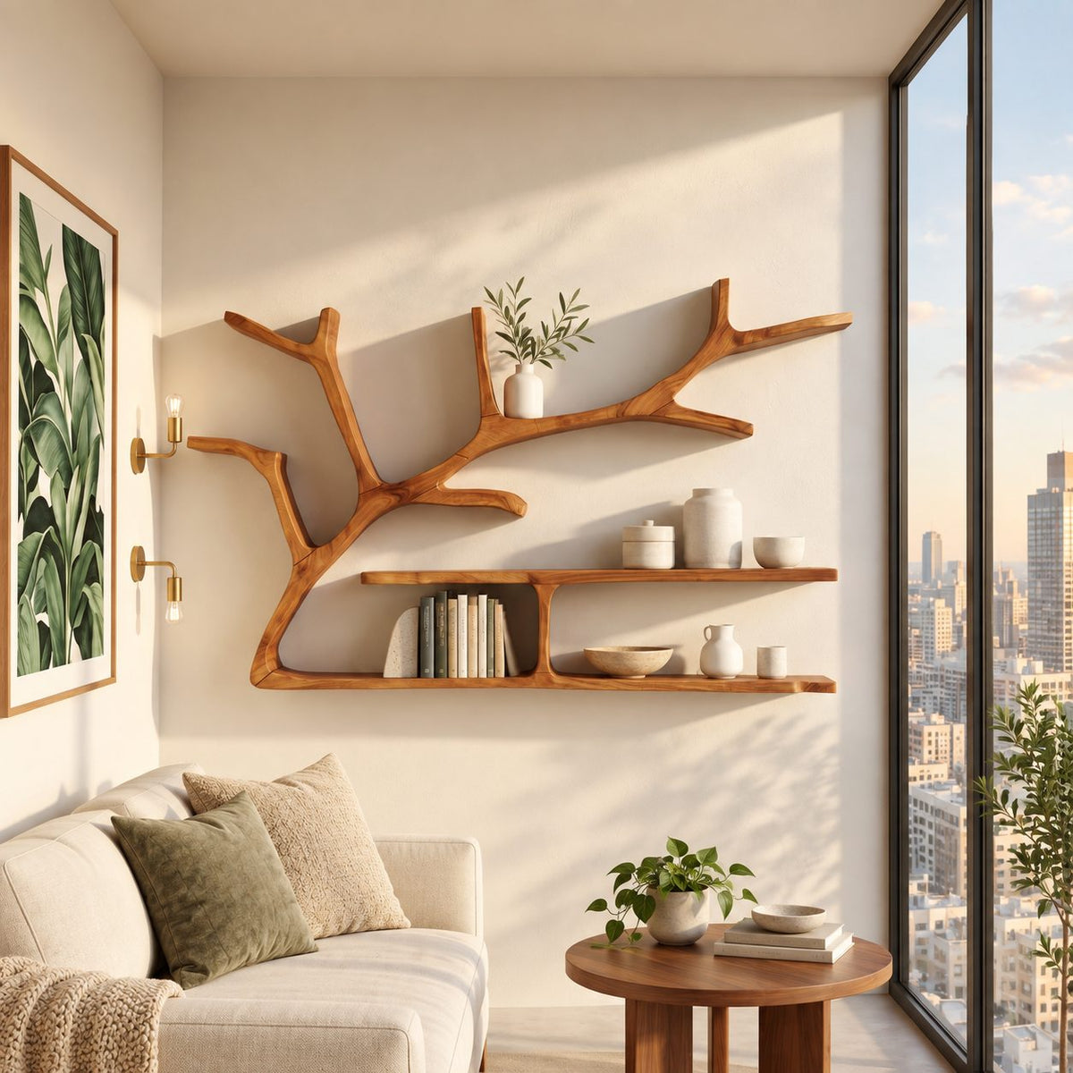 Spreading Tree Branch Floating Shelves, Rustic Solid Wood Wall Bookshelf with Two Long Slab Shelves