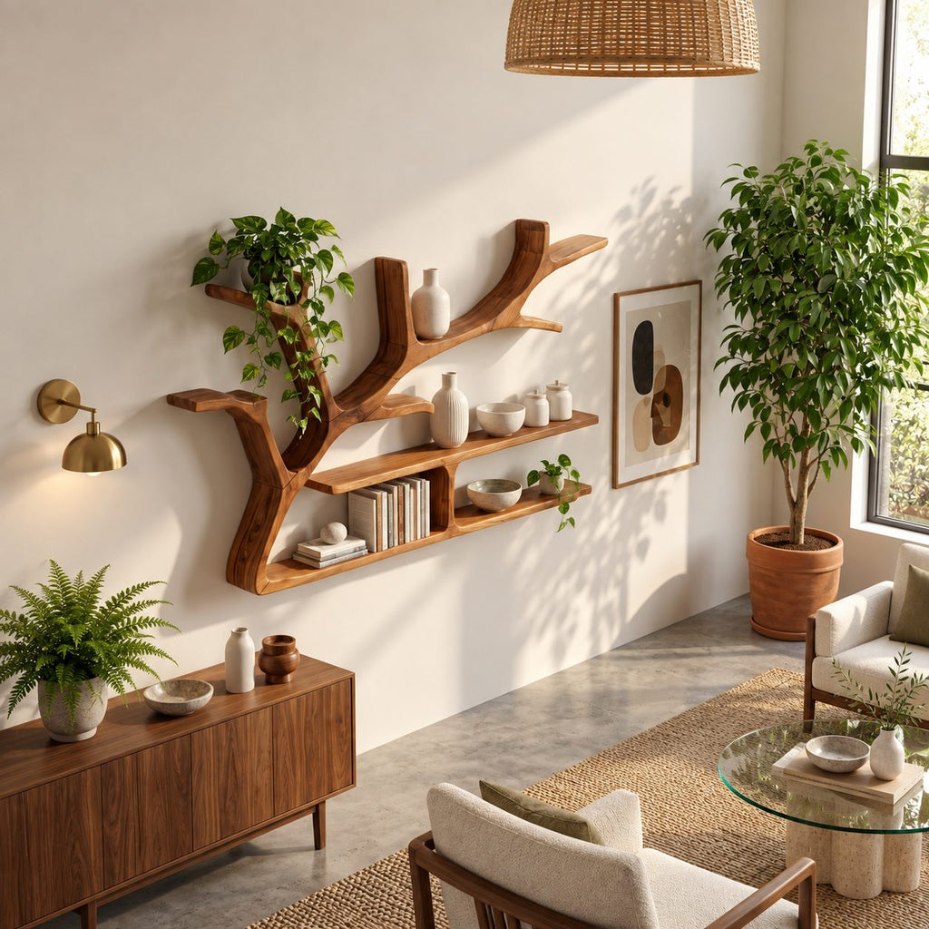 Spreading Tree Branch Floating Shelves, Rustic Solid Wood Wall Bookshelf with Two Long Slab Shelves
