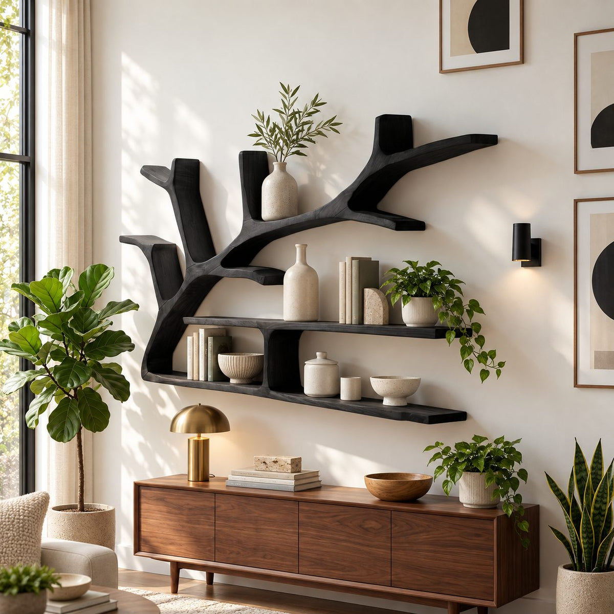Spreading Tree Branch Floating Shelves, Rustic Solid Wood Wall Bookshelf with Two Long Slab Shelves
