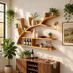 Spreading Tree Branch Floating Shelves, Rustic Solid Wood Wall Bookshelf with Two Long Slab Shelves