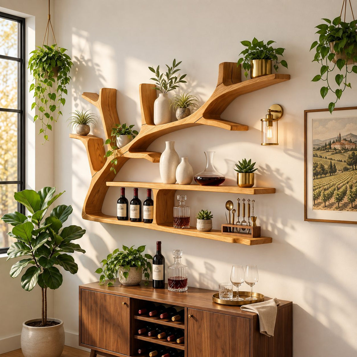 Spreading Tree Branch Floating Shelves, Rustic Solid Wood Wall Bookshelf with Two Long Slab Shelves