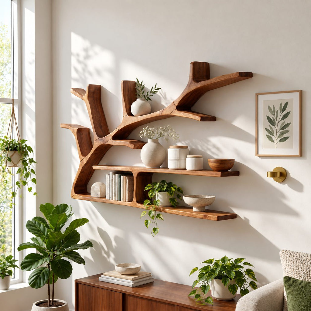 Spreading Tree Branch Floating Shelves, Rustic Solid Wood Wall Bookshelf with Two Long Slab Shelves