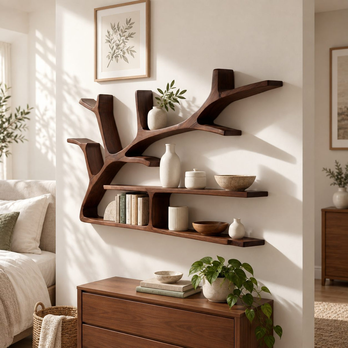Spreading Tree Branch Floating Shelves, Rustic Solid Wood Wall Bookshelf with Two Long Slab Shelves