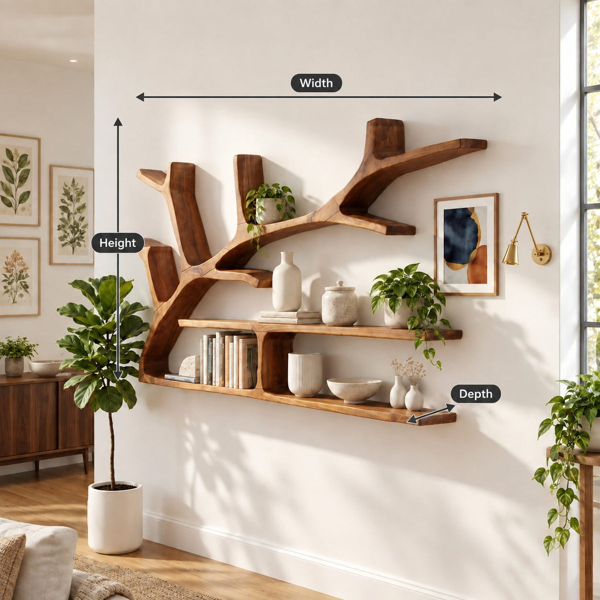 Spreading Tree Branch Floating Shelves, Rustic Solid Wood Wall Bookshelf with Two Long Slab Shelves