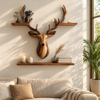 Stag Head Wall Shelf with Two Long Ledges, Carved Solid Wood Deer Sculpture Shelf for Living Room