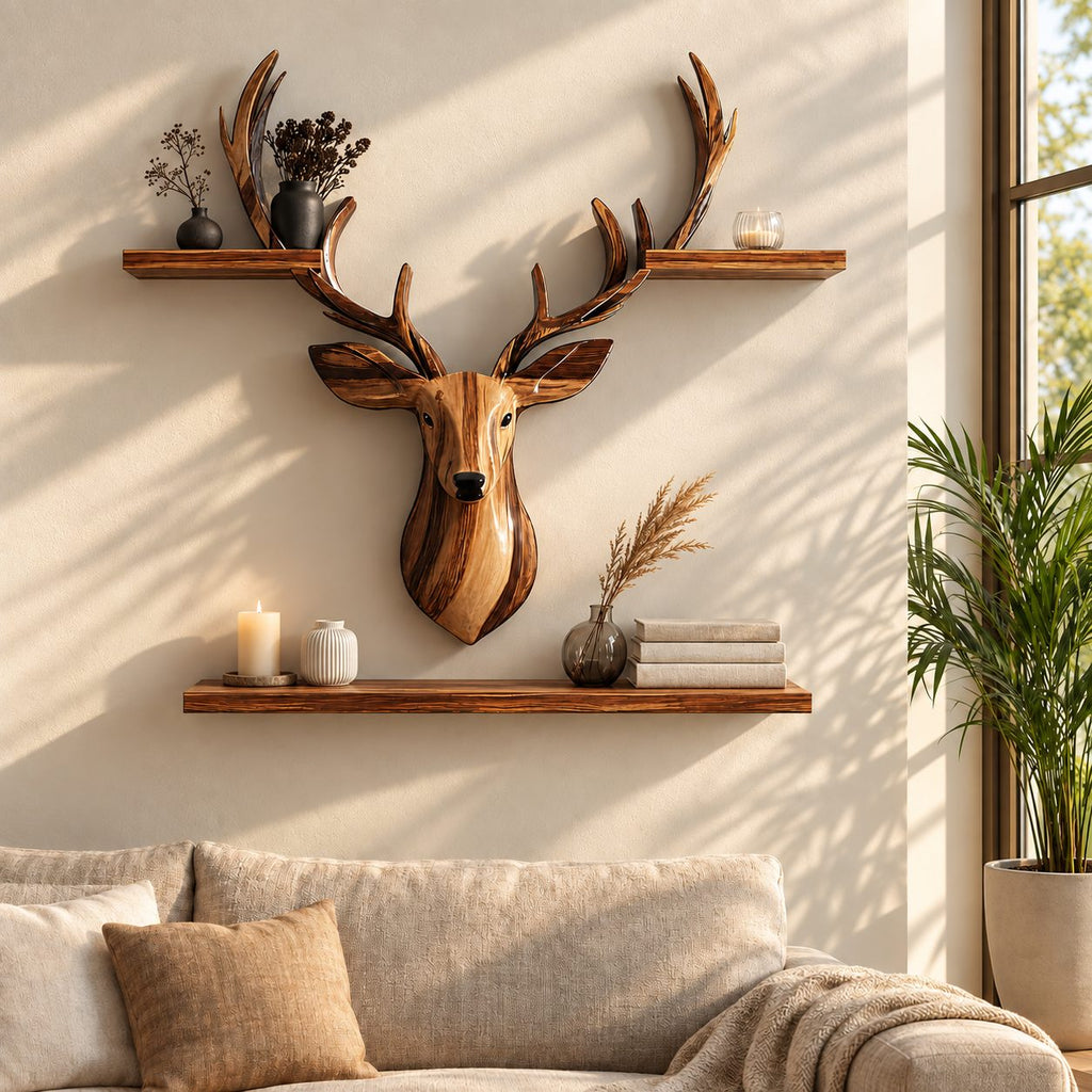 Stag Head Wall Shelf with Two Long Ledges, Carved Solid Wood Deer Sculpture Shelf for Living Room