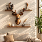 Stag Head Wall Shelf with Two Long Ledges, Carved Solid Wood Deer Sculpture Shelf for Living Room