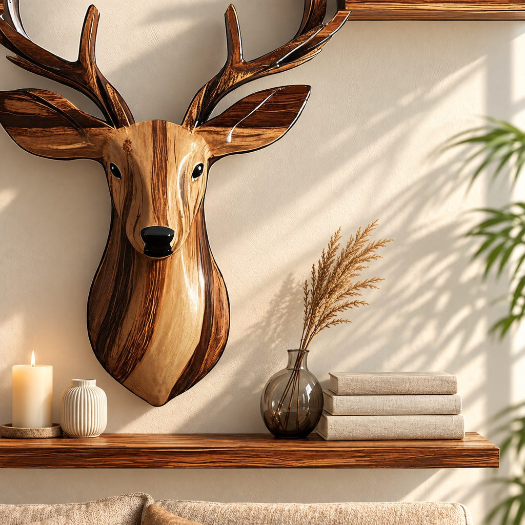Stag Head Wall Shelf with Two Long Ledges, Carved Solid Wood Deer Sculpture Shelf for Living Room