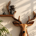 Stag Head Wall Shelf with Two Long Ledges, Carved Solid Wood Deer Sculpture Shelf for Living Room