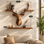 Stag Head Wall Shelf with Two Long Ledges, Carved Solid Wood Deer Sculpture Shelf for Living Room