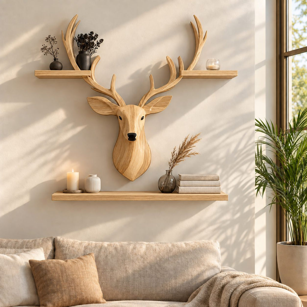 Stag Head Wall Shelf with Two Long Ledges, Carved Solid Wood Deer Sculpture Shelf for Living Room