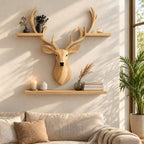 Stag Head Wall Shelf with Two Long Ledges, Carved Solid Wood Deer Sculpture Shelf for Living Room