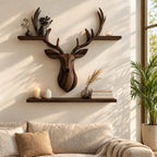 Stag Head Wall Shelf with Two Long Ledges, Carved Solid Wood Deer Sculpture Shelf for Living Room