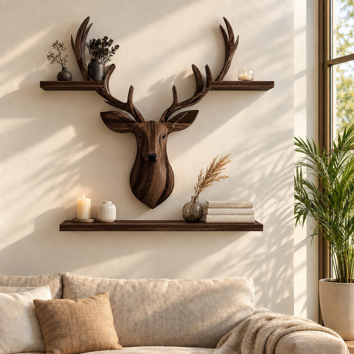 Stag Head Wall Shelf with Two Long Ledges, Carved Solid Wood Deer Sculpture Shelf for Living Room