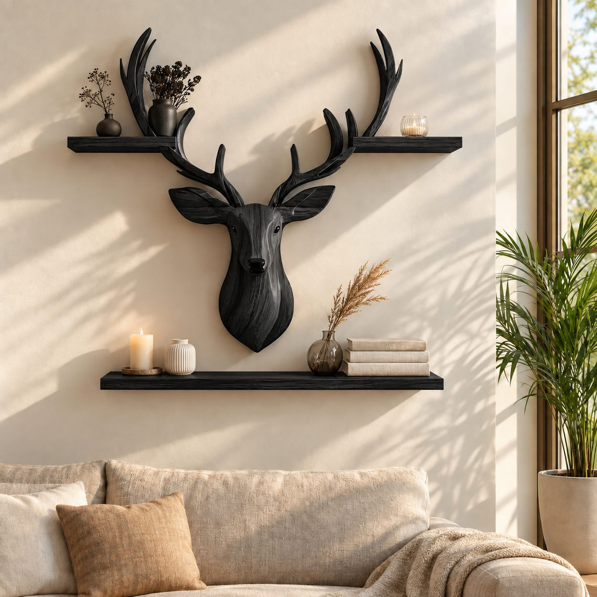 Stag Head Wall Shelf with Two Long Ledges, Carved Solid Wood Deer Sculpture Shelf for Living Room