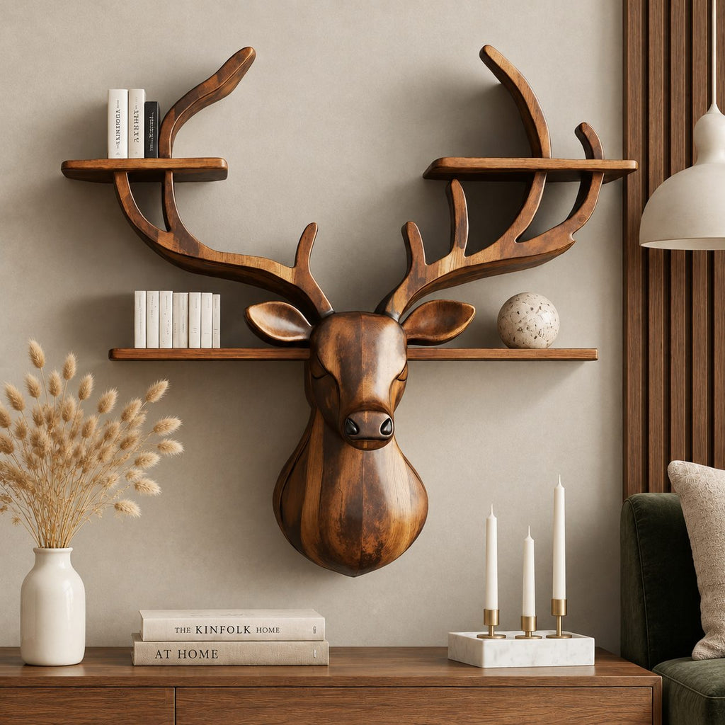 Antler Tier Deer Wall Shelf, Carved Solid Wood Deer Head with Four Antler Shelves for Books and Decor