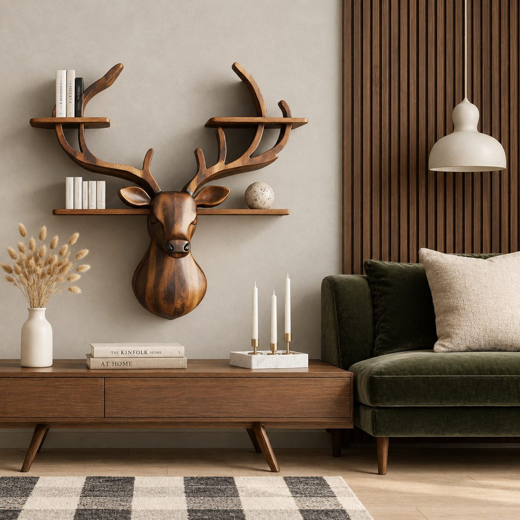 Antler Tier Deer Wall Shelf, Carved Solid Wood Deer Head with Four Antler Shelves for Books and Decor