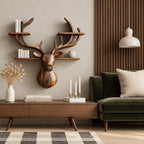 Antler Tier Deer Wall Shelf, Carved Solid Wood Deer Head with Four Antler Shelves for Books and Decor