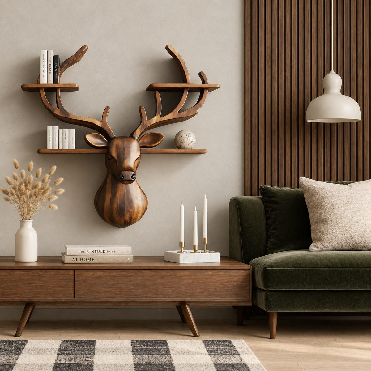 Antler Tier Deer Wall Shelf, Carved Solid Wood Deer Head with Four Antler Shelves for Books and Decor
