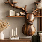 Antler Tier Deer Wall Shelf, Carved Solid Wood Deer Head with Four Antler Shelves for Books and Decor