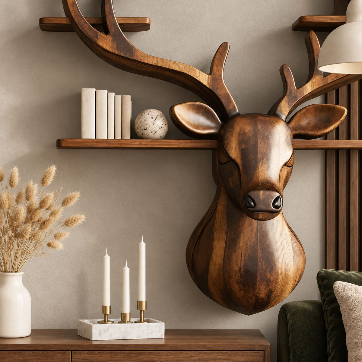 Antler Tier Deer Wall Shelf, Carved Solid Wood Deer Head with Four Antler Shelves for Books and Decor