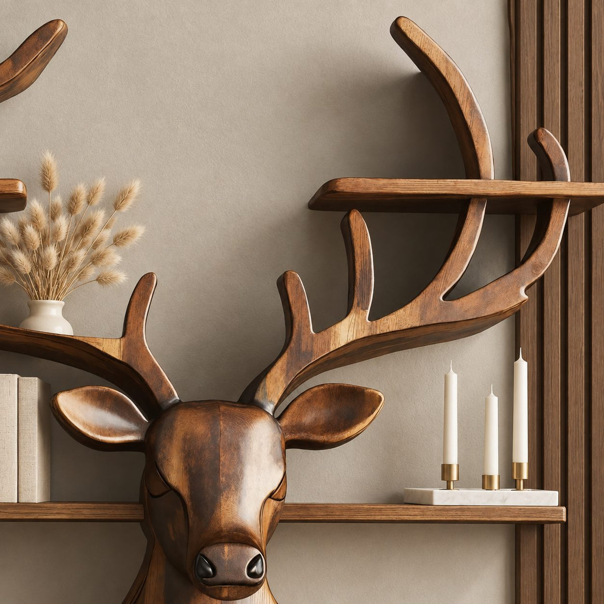 Antler Tier Deer Wall Shelf, Carved Solid Wood Deer Head with Four Antler Shelves for Books and Decor