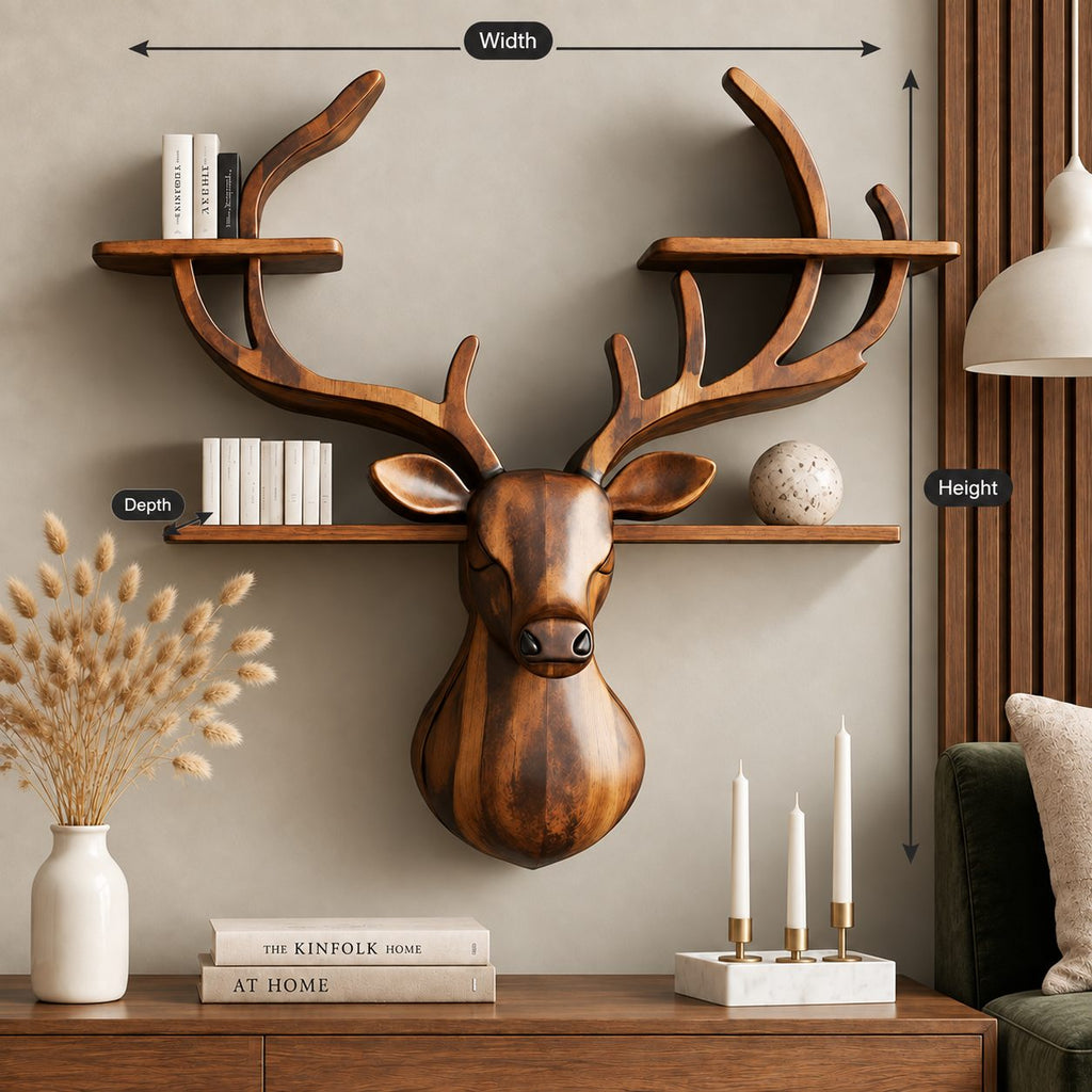 Antler Tier Deer Wall Shelf, Carved Solid Wood Deer Head with Four Antler Shelves for Books and Decor