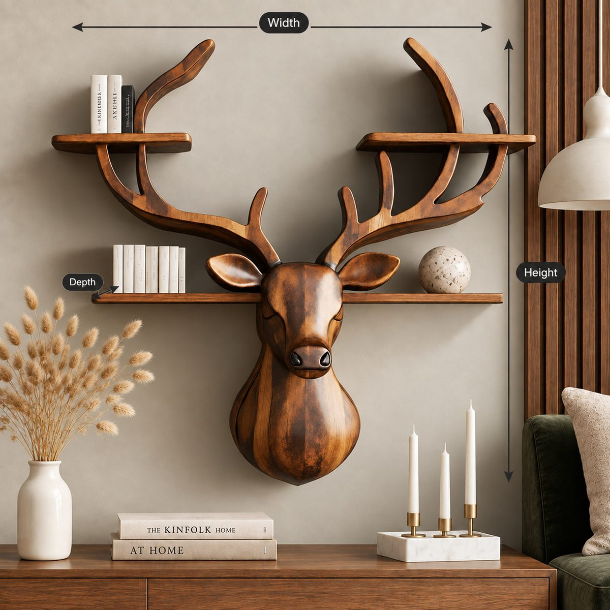 Antler Tier Deer Wall Shelf, Carved Solid Wood Deer Head with Four Antler Shelves for Books and Decor