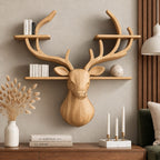 Antler Tier Deer Wall Shelf, Carved Solid Wood Deer Head with Four Antler Shelves for Books and Decor