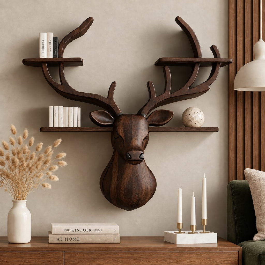 Antler Tier Deer Wall Shelf, Carved Solid Wood Deer Head with Four Antler Shelves for Books and Decor
