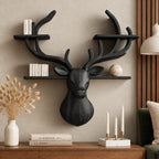 Antler Tier Deer Wall Shelf, Carved Solid Wood Deer Head with Four Antler Shelves for Books and Decor