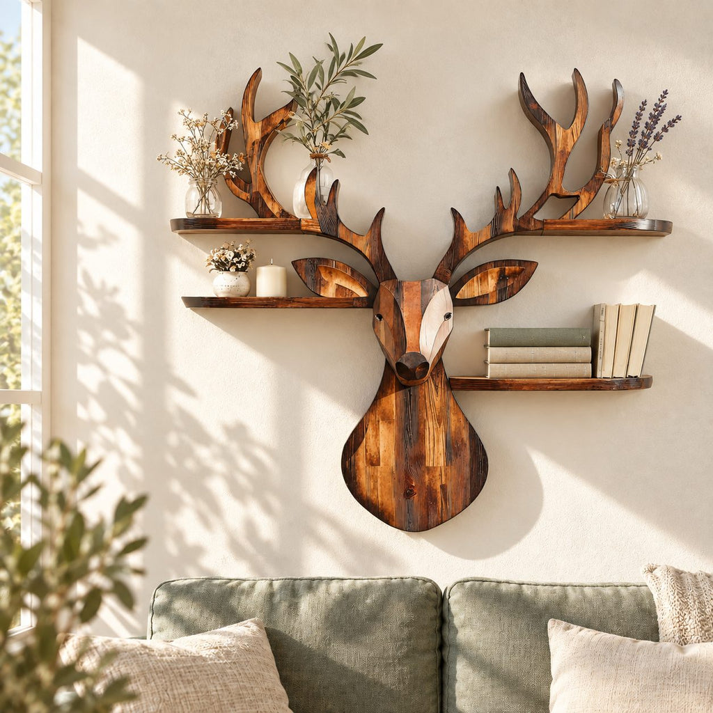 Patchwork Plank Deer Head Shelf, Rustic Solid Wood Wall Shelf with Four Rounded Antler Ledges
