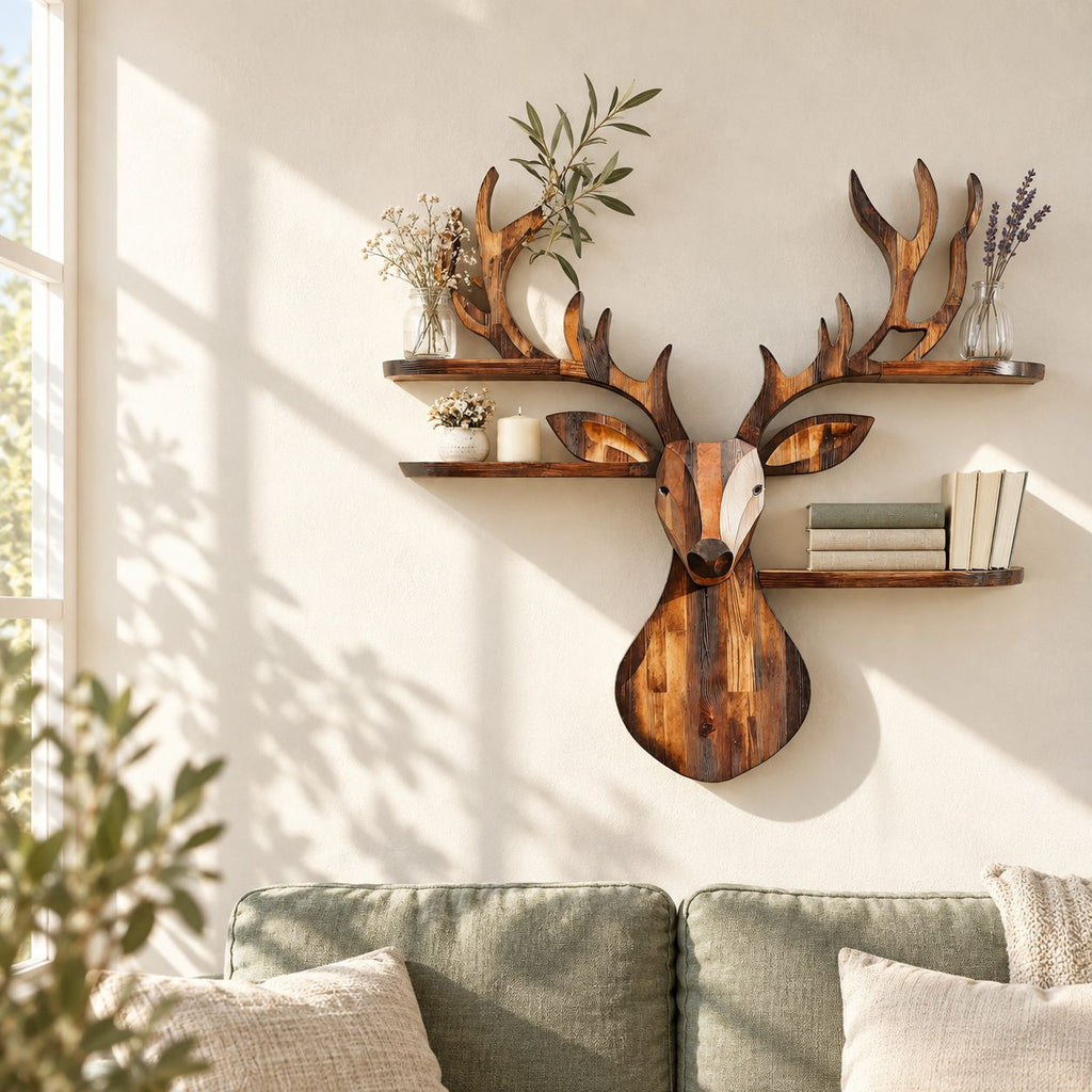 Patchwork Plank Deer Head Shelf, Rustic Solid Wood Wall Shelf with Four Rounded Antler Ledges