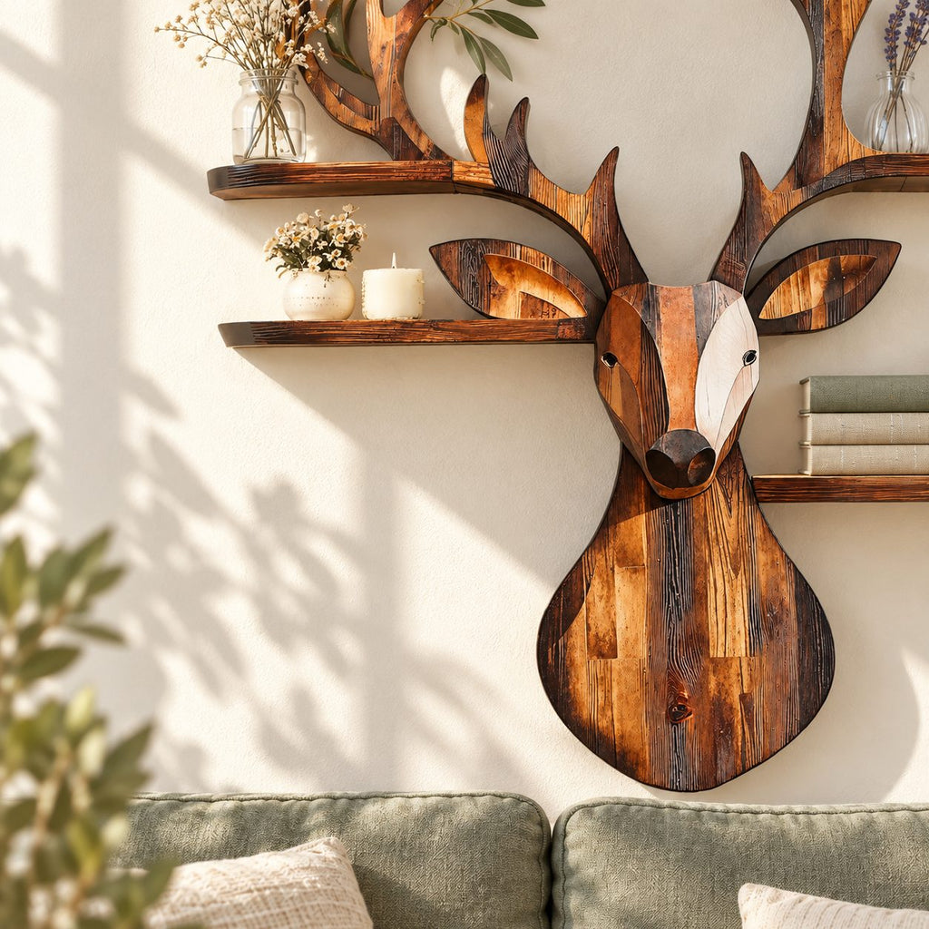 Patchwork Plank Deer Head Shelf, Rustic Solid Wood Wall Shelf with Four Rounded Antler Ledges