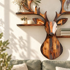Patchwork Plank Deer Head Shelf, Rustic Solid Wood Wall Shelf with Four Rounded Antler Ledges