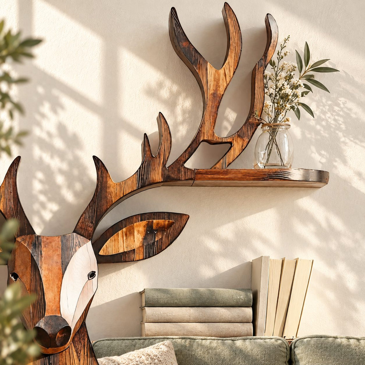 Patchwork Plank Deer Head Shelf, Rustic Solid Wood Wall Shelf with Four Rounded Antler Ledges