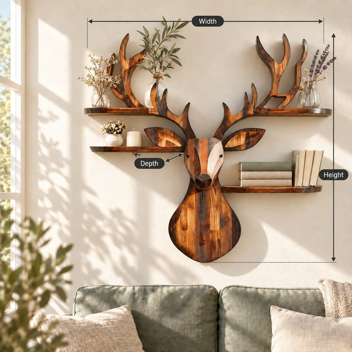 Patchwork Plank Deer Head Shelf, Rustic Solid Wood Wall Shelf with Four Rounded Antler Ledges