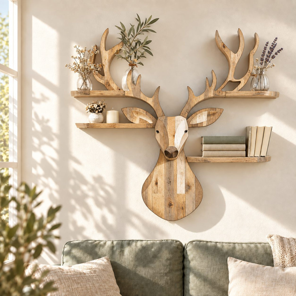 Patchwork Plank Deer Head Shelf, Rustic Solid Wood Wall Shelf with Four Rounded Antler Ledges
