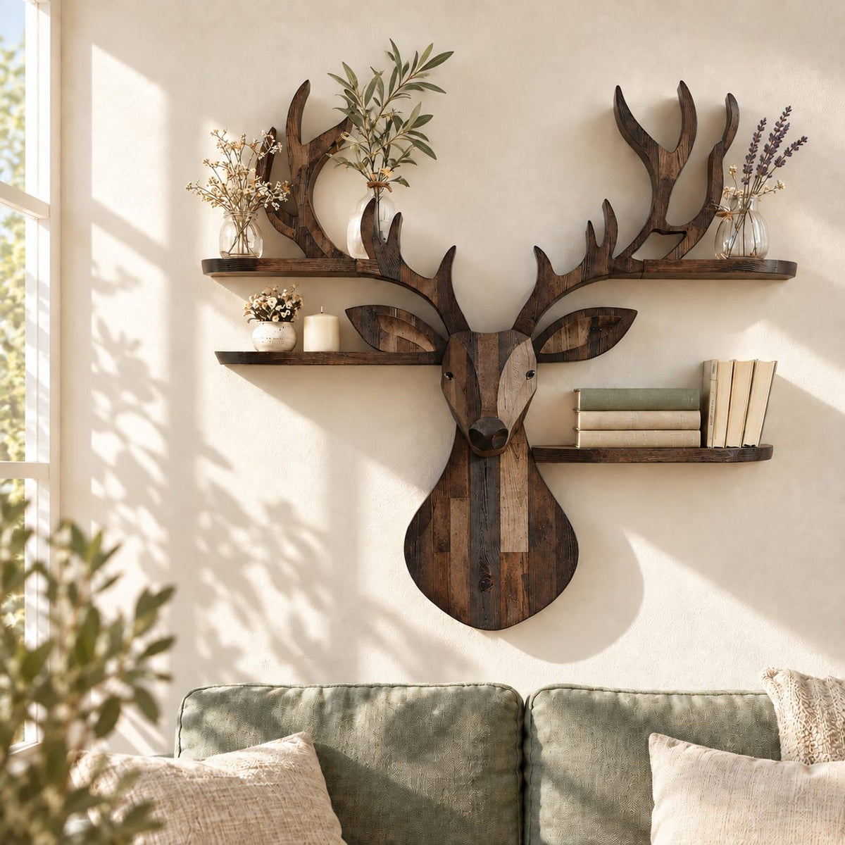 Patchwork Plank Deer Head Shelf, Rustic Solid Wood Wall Shelf with Four Rounded Antler Ledges