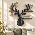 Patchwork Plank Deer Head Shelf, Rustic Solid Wood Wall Shelf with Four Rounded Antler Ledges