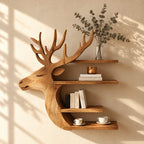 Side Profile Deer Bookshelf, Carved Solid Wood Stag Wall Shelf with Four Stacked Shelves