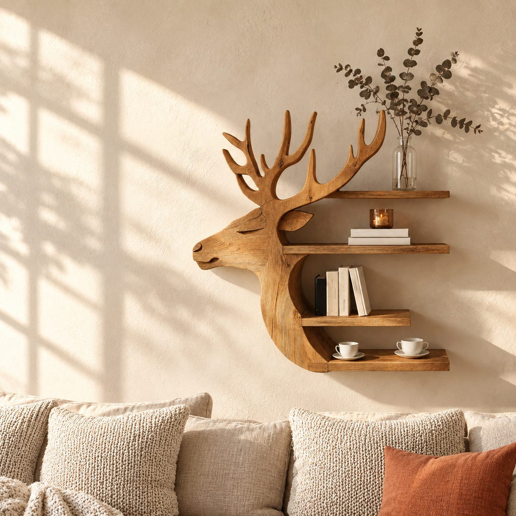 Side Profile Deer Bookshelf, Carved Solid Wood Stag Wall Shelf with Four Stacked Shelves